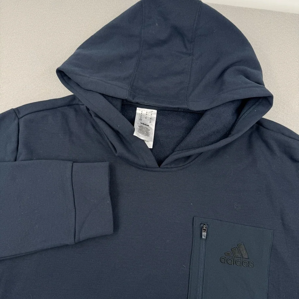 Adidas Men Navy Blue Recycled Polyester Pullover Hoodie XL Zip Pocket Athleisure